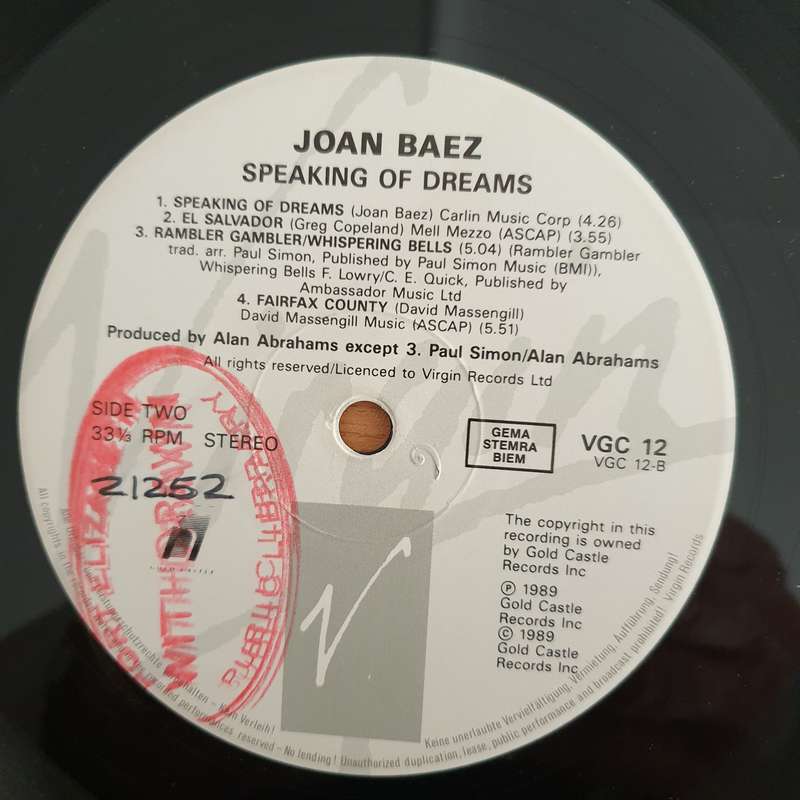 Joan Baez  Speaking Of Dreams  Vinyl LP Record  (G+)