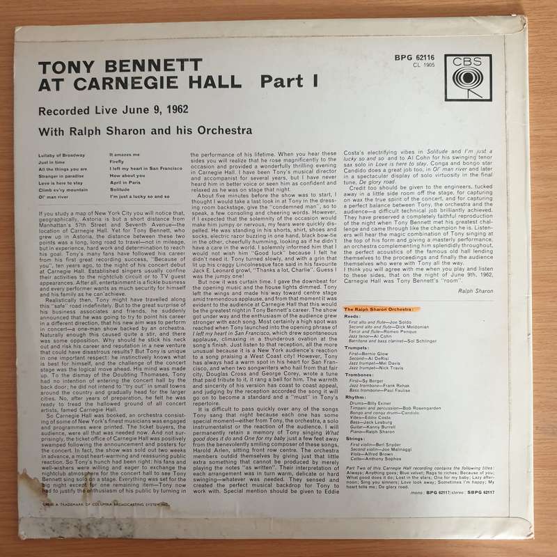 Tony Bennett  Tony Bennett At Carnegie Hall Part I (England) -  Vinyl LP Record (VG+)