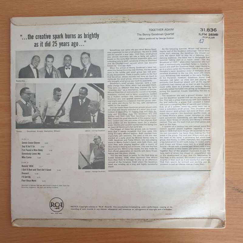 The Benny Goodman Quartet  Together Again! - Vinyl LP Record  (VG-)
