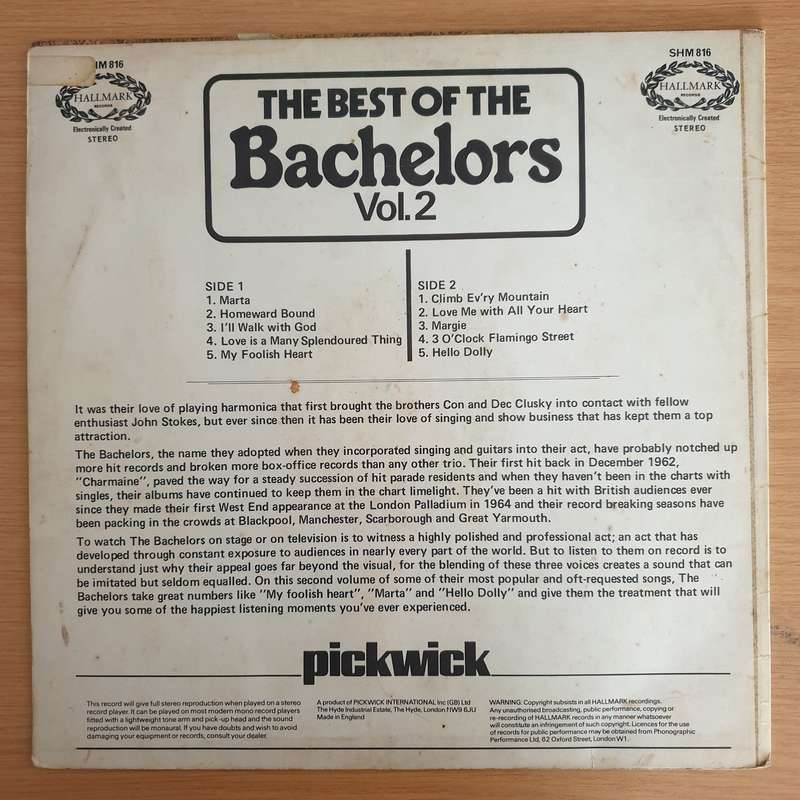 The Bachelors - The Best of - Vol 2  Vinyl LP Record  (G+)