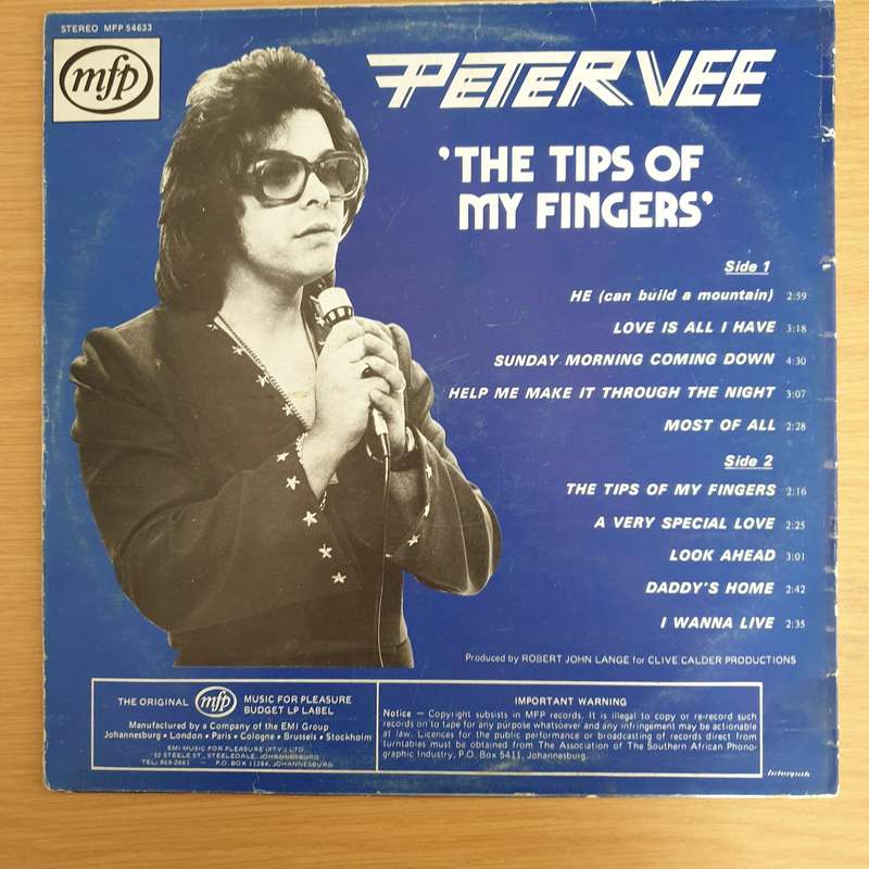 Peter Vee - The Tip's Of My Fingers - Vinyl LP Record (VG)