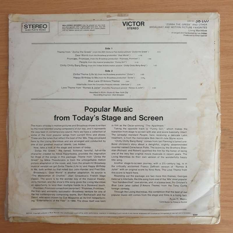 Living Marimbas - Zorba the Greek and other Broadway Motion Picture Favourites - Vinyl LP Record ...