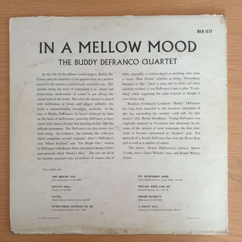 The Buddy DeFranco Quartet  In A Mellow Mood - Vinyl LP Record (VG+)