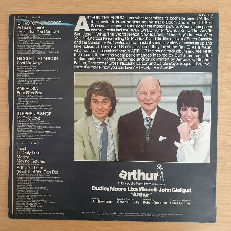 Arthur  - Original Soundtrack Album (Christopher Cross/ Ambrosia)  - Vinyl LP Record - Very-Good+...