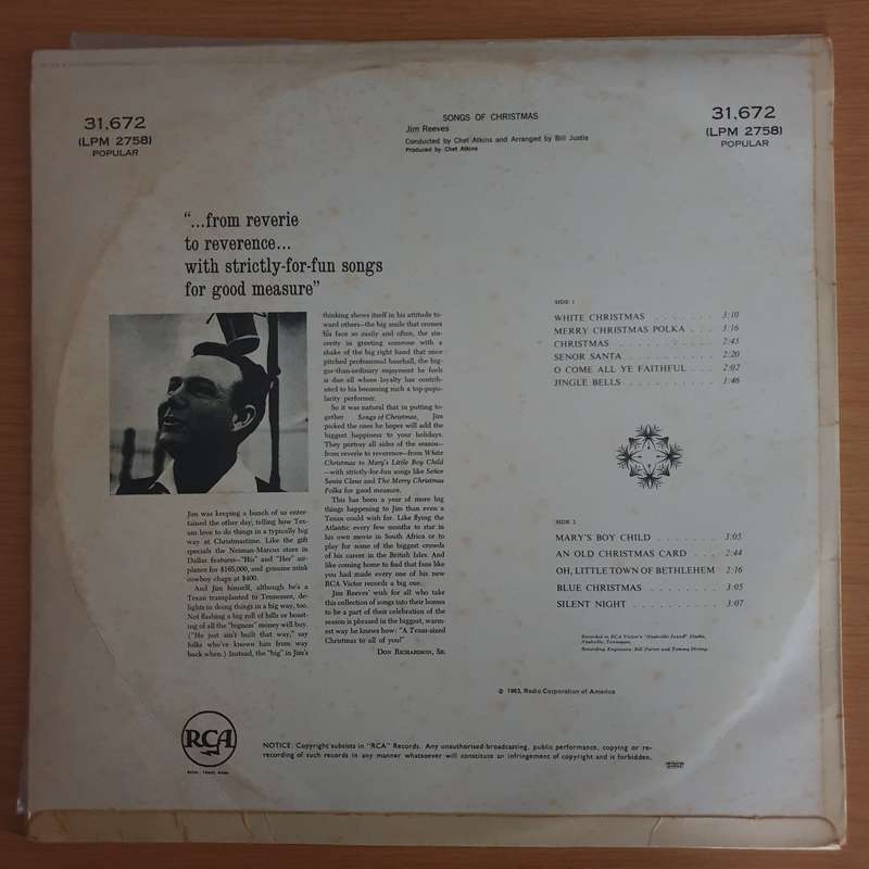 Jim Reeves  Songs Of Christmas - Vinyl LP Record (VG+)