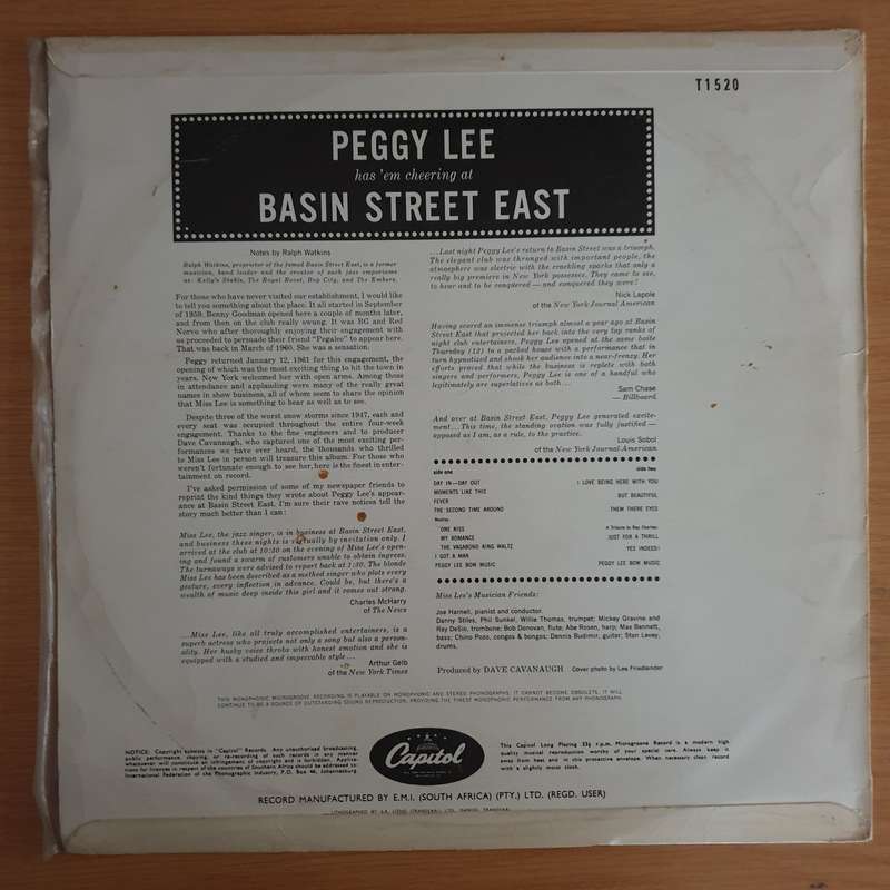 Miss Peggy Lee  Basin Street East Proudly Presents Miss Peggy Lee Recorded At The Fabulous New...