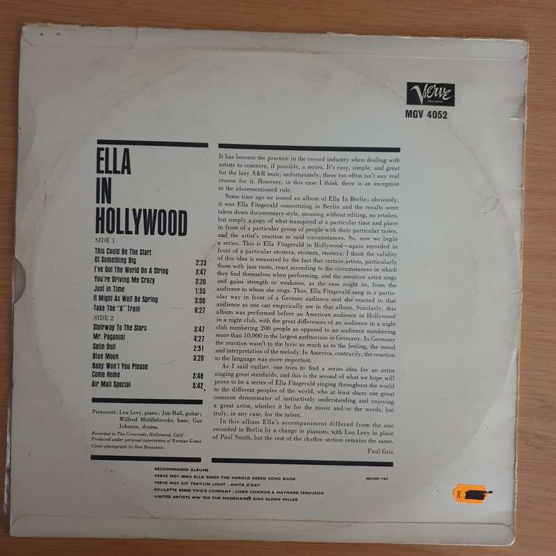 Ella Fitzgerald  Ella In Hollywood - Vinyl LP Record (VG+)