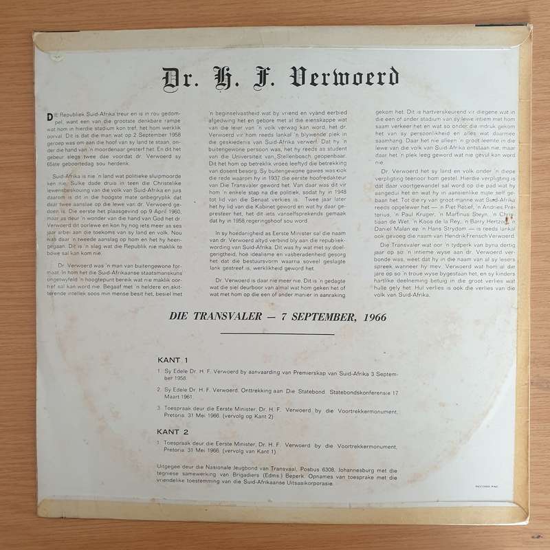Dr. H.F. Verwoerd  Dr. H.F. Verwoerd  - Die Transvaler 1966  Vinyl LP Record (VG+)