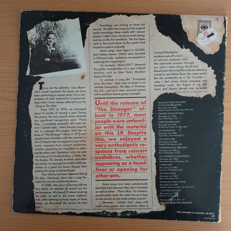Billy Joel - Songs In The Attic - Vinyl LP Record  (VG-)