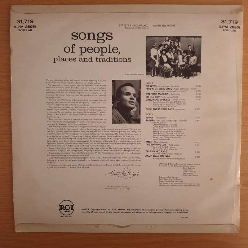 Harry Belafonte  Streets I Have Walked - Vinyl LP Record (VG+)