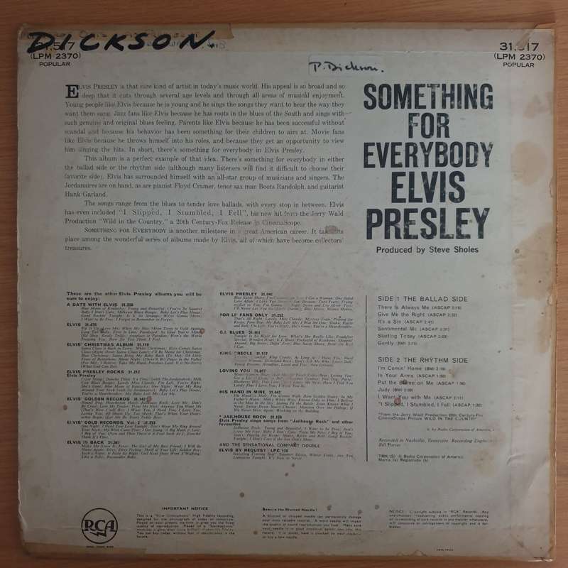Elvis Presley  Something For Everybody  Vinyl LP Record  (G+)