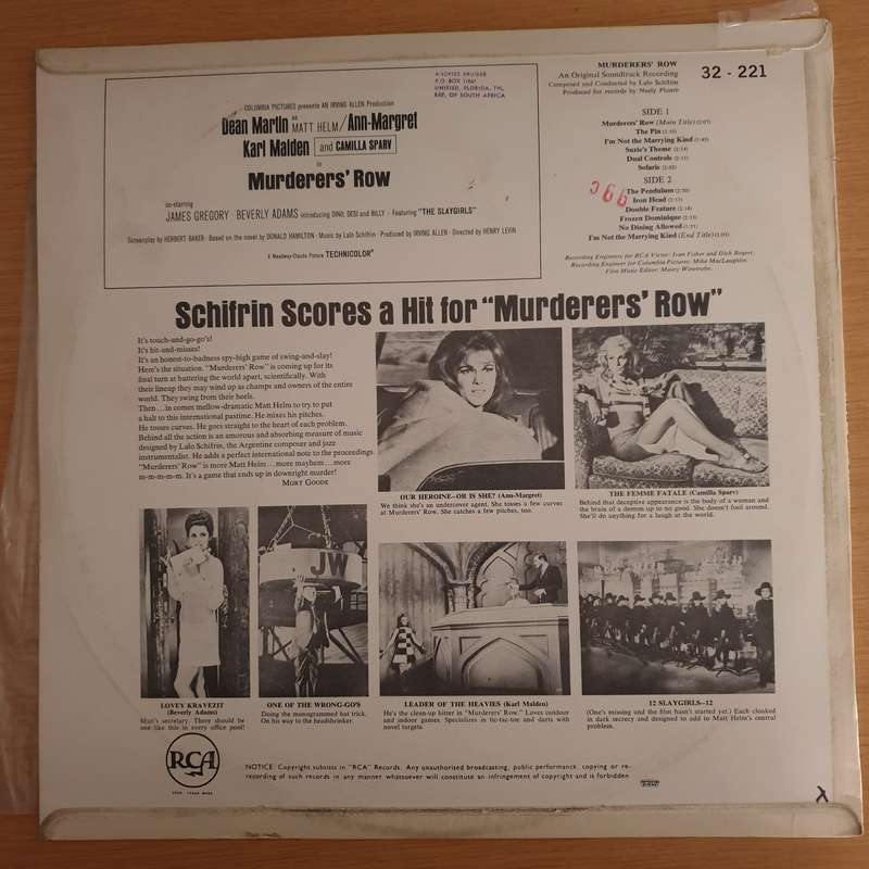 Murderers' Row (An Original Soundtrack Recording)   Lalo Schifrin  Vinyl LP Record (VG+)