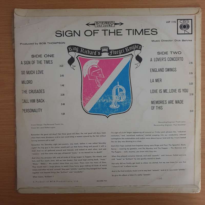 Sign of the Times - King Richard's Fleugel Knights - Bob Thompson  Vinyl LP Record (VG+)