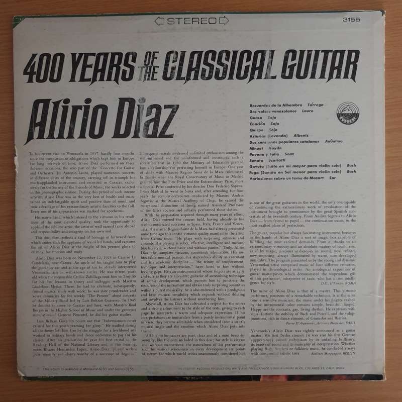 Alirio Diaz  400 Years Of The Classical Guitar - Vinyl LP Record (VG+)
