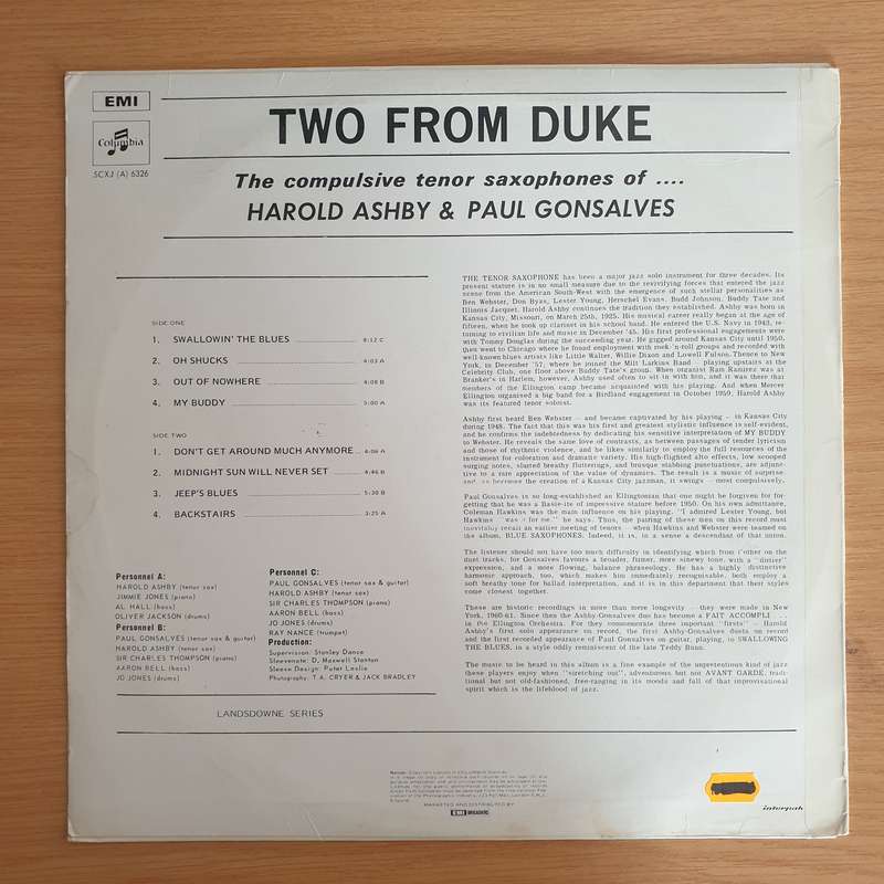 Harold Ashby & Paul Gonsalves  Two From Duke - Vinyl LP Record  (VG+)