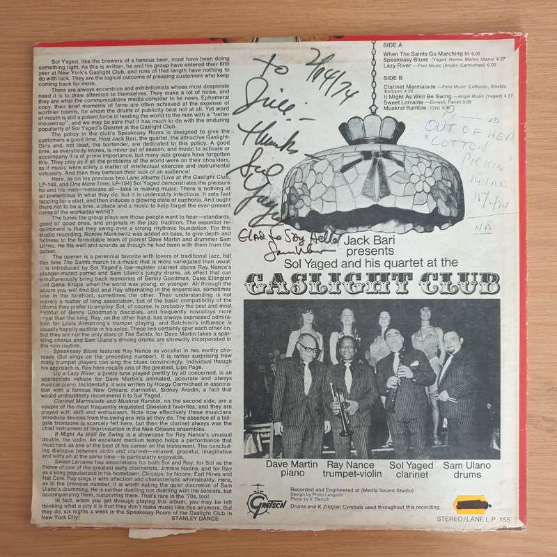 Jack Bari Presents Sol Yaged And His Quartet  At The Gaslight Club (Autographed) - Vinyl LP Re...