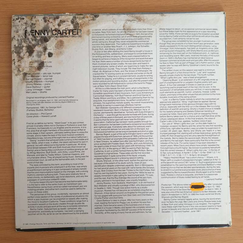 Benny Carter with Ben Webster and Barney Bigard - Opening Blues - Vinyl LP Record  (VG+)