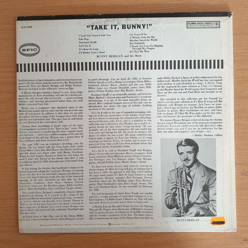 Bunny Berigan And His Boys  Take It Bunny - Vinyl LP Record  (VG+)