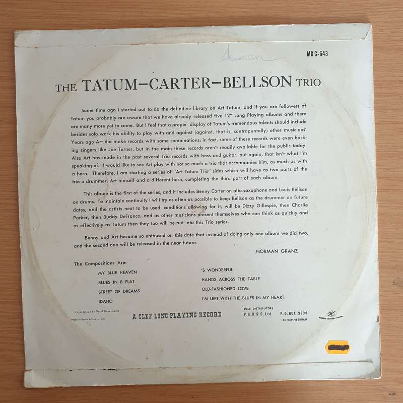 Art Tatum / Benny Carter / Louis Bellson  The Tatum-Carter-Bellson Trio - Vinyl LP Record (VG)