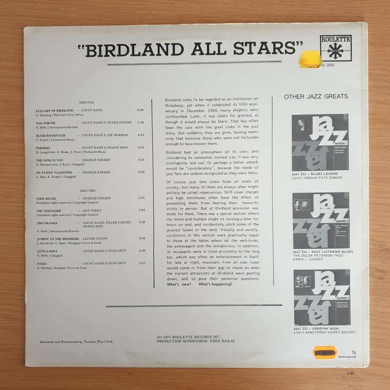 Birdland All-Stars At Carnegie Hall   Vinyl LP Record  (VG+)