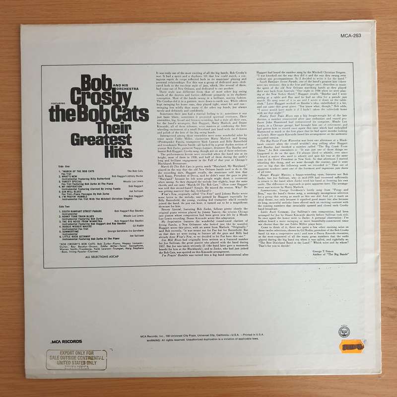 Bob Crosby And His Orchestra Featuring The Bob Cats  Their Greatest Hits  Vinyl LP Record  ...