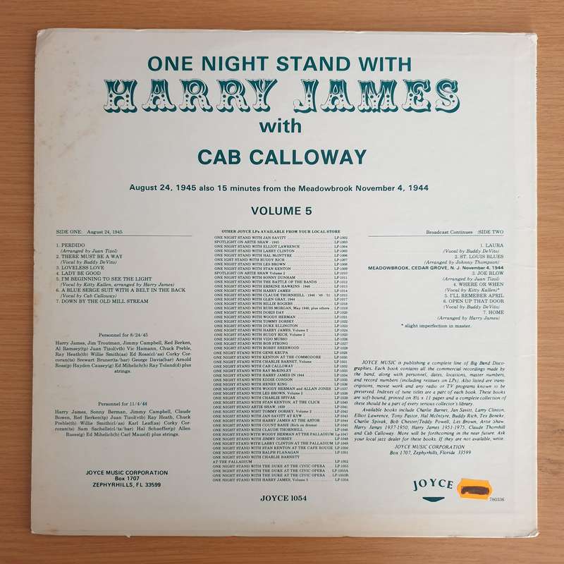 Harry James With Cab Calloway  One Night Stand With Harry James Volume 5  Vinyl LP Record  ...