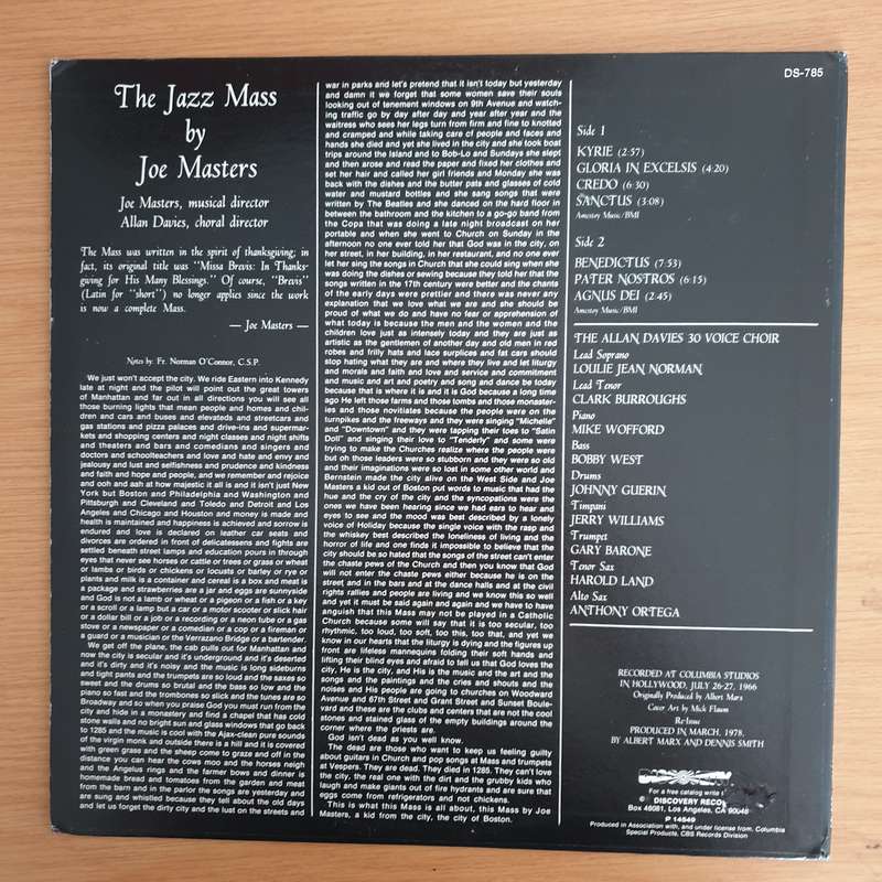 Joe Masters  The Jazz Mass  Vinyl LP Record  (VG+)
