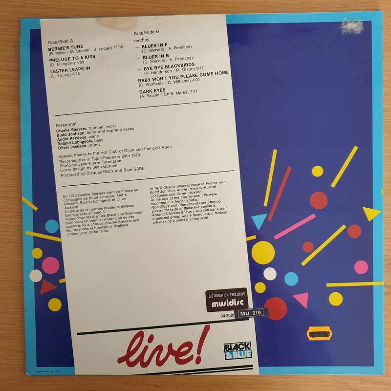 Charlie Shavers, Budd Johnson  Live Vol. 1  Vinyl LP Record  (VG+)