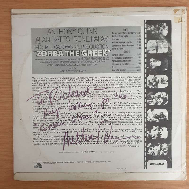 Mikis Theodorakis  Zorba The Greek (Autographed - Anthony Quinn)- Vinyl LP Record (VG+)