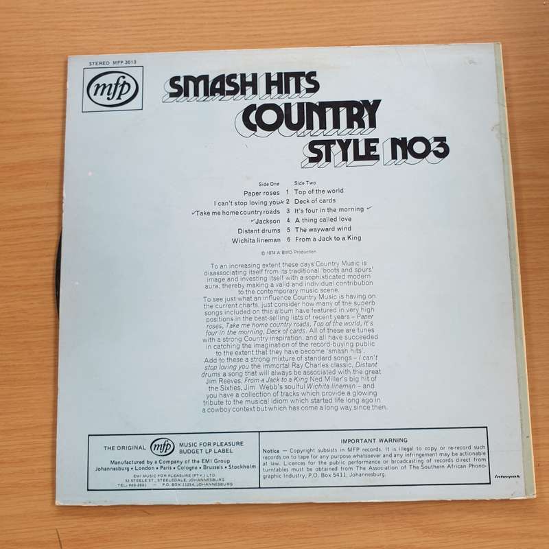 Smash Hits Country Style - Original Hits - Vol 3   Vinyl LP Record (VG+)