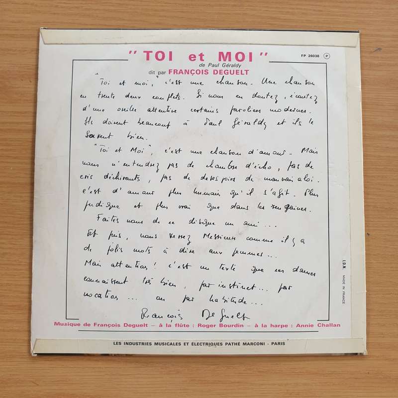 François Deguelt  Toi Et Moi  - Vinyl LP Record  (VG)