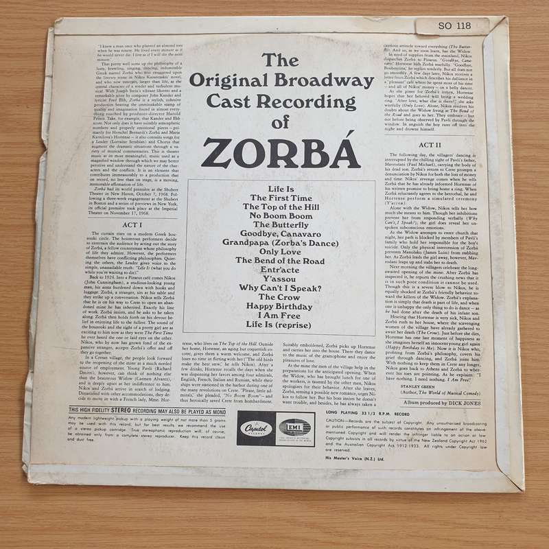 Zorba - Harold Prince - Original Broadway Cast - Vinyl LP Record  (VG+)