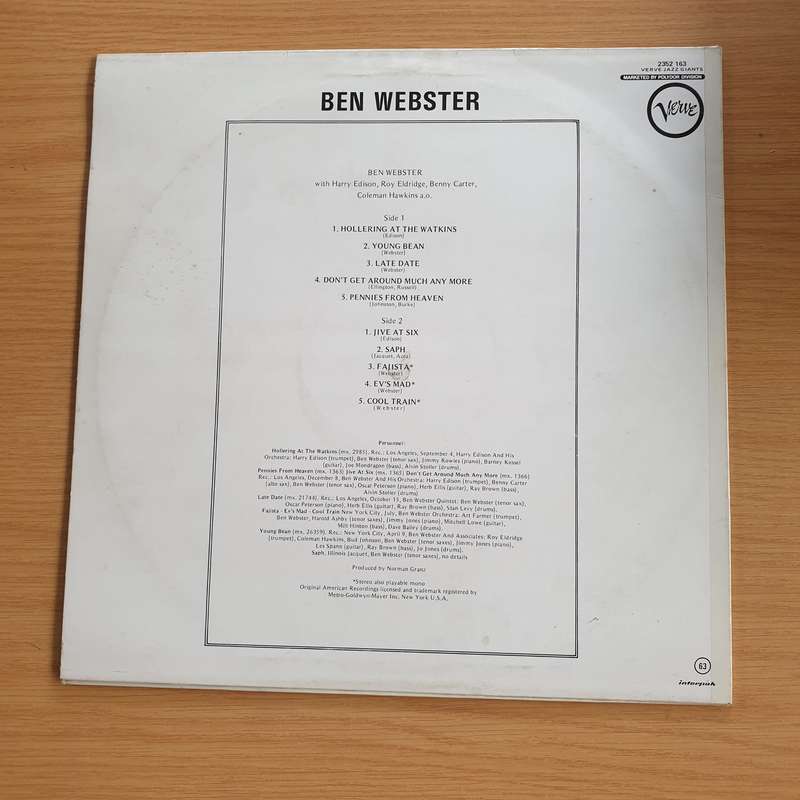 Ben Webster  Ben Webster Verve Jazz Giants   Vinyl LP Record (VG+)