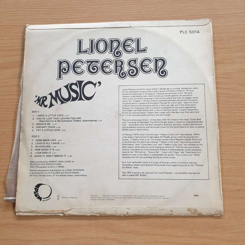 Lionel Petersen  Mr Music  Vinyl LP Record (VG+)