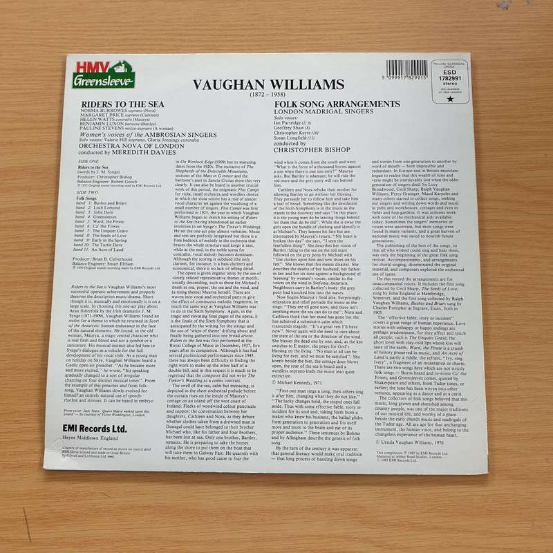 Vaughan Williams - Riders To The Sea / Folk Song Arrangements   Vinyl LP Record (VG+)