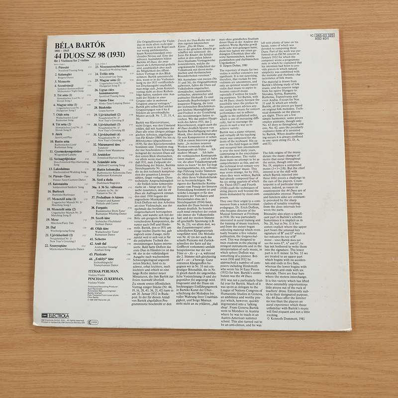 Bartók - Itzhak Perlman & Pinchas Zukerman  Duos Für Zwei Violinen  Vinyl LP Record (VG+)