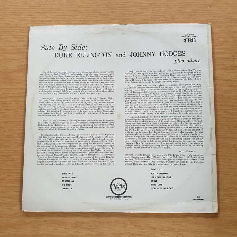 Duke Ellington And Johnny Hodges  Side By Side  Vinyl LP Record (VG+)