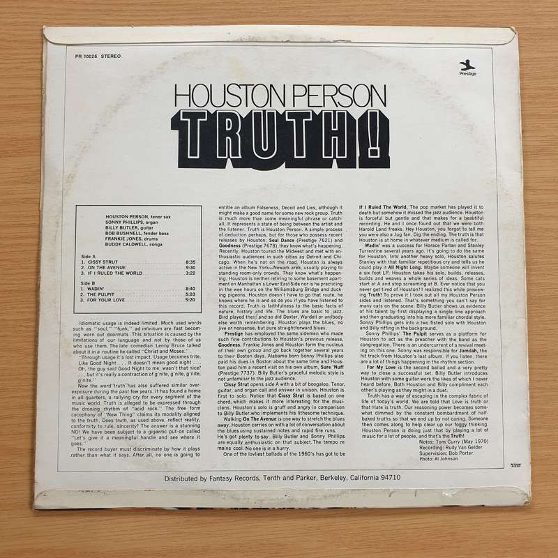 Houston Person  Truth!  - Vinyl LP Record  (VG+)