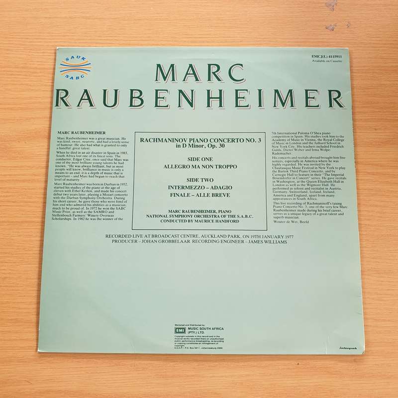 Marc Raubenheimer   Rachmaninov Piano Concerto - SABC National Symphony Orchestra - Vinyl LP R...