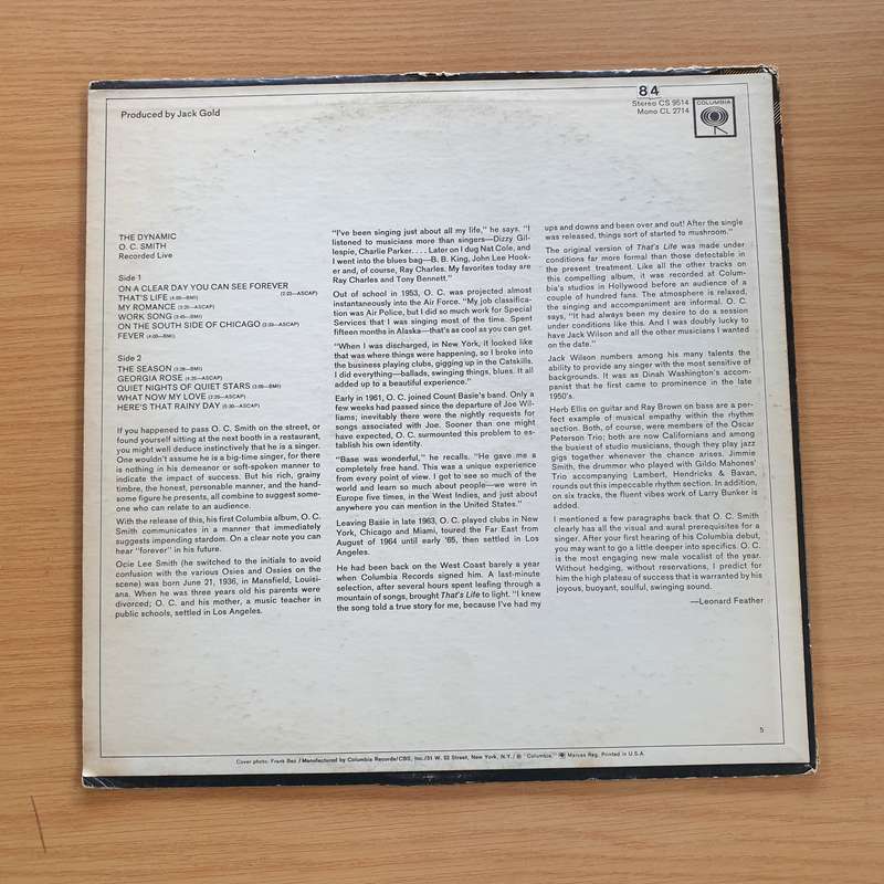 O. C. Smith  The Dynamic O. C. Smith - Recorded Live (CS) - Vinyl LP Record  (VG+)