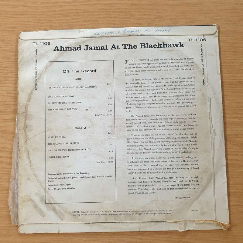 Ahmad Jamal  At The Blackhawk  Vinyl LP Record (VG+)