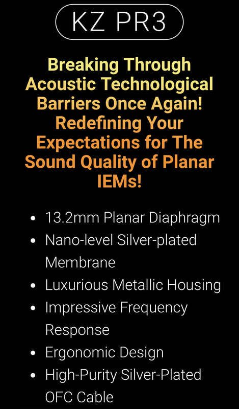 KZ Acoustics - KZ PR3 - Planar Magnetic 13,2mm Driver Earphones - (Black) (No Mic) (In Stock)