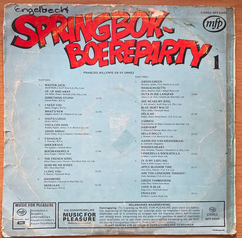 Springbok Boere Party  Francois Willemse  en Sy Orkes - Vinyl LP Record - Very-Good Quality (V...
