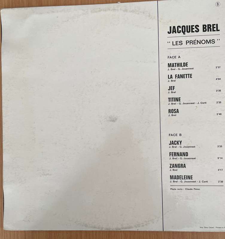 Jacques Brel - Les Prenoms (France)   Vinyl LP Record - Very-Good Quality (VG)  (verry)