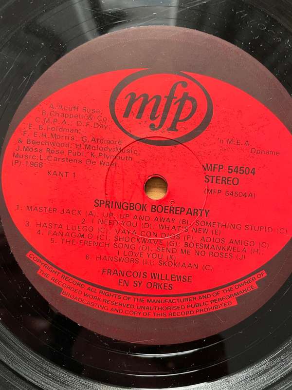 Springbok Boere Party  Francois Willemse  en Sy Orkes - Vinyl LP Record - Very-Good Quality (V...