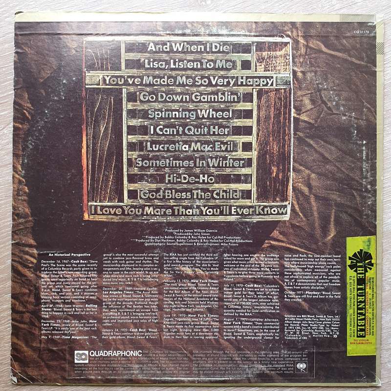 Blood, Sweat & Tears Greatest Hits - Vinyl LP Record - Very-Good+ Quality (VG+)