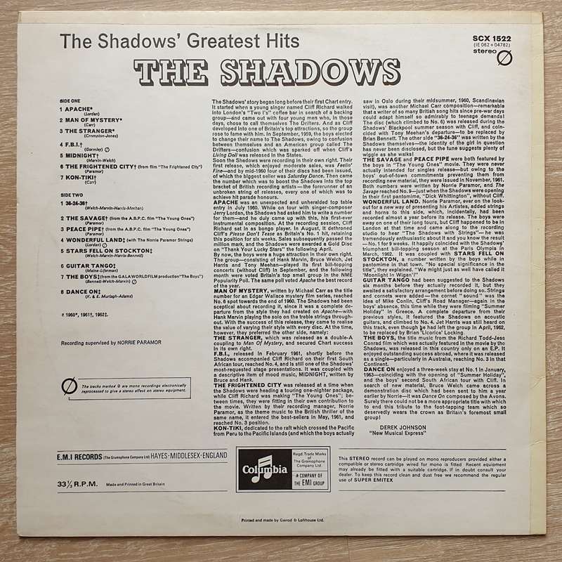 The Shadows  The Shadows' Greatest Hits - Vinyl LP Record - Very-Good+ Quality (VG+)
