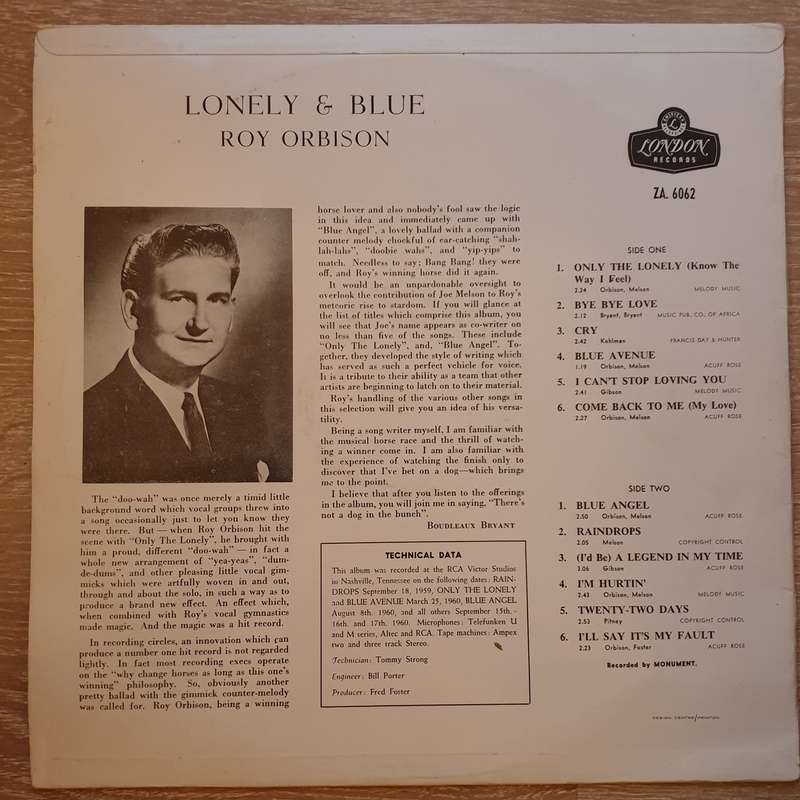 Roy Orbison - Lonely And Blue  Vinyl LP Record - Opened  - Good+ Quality (G+)