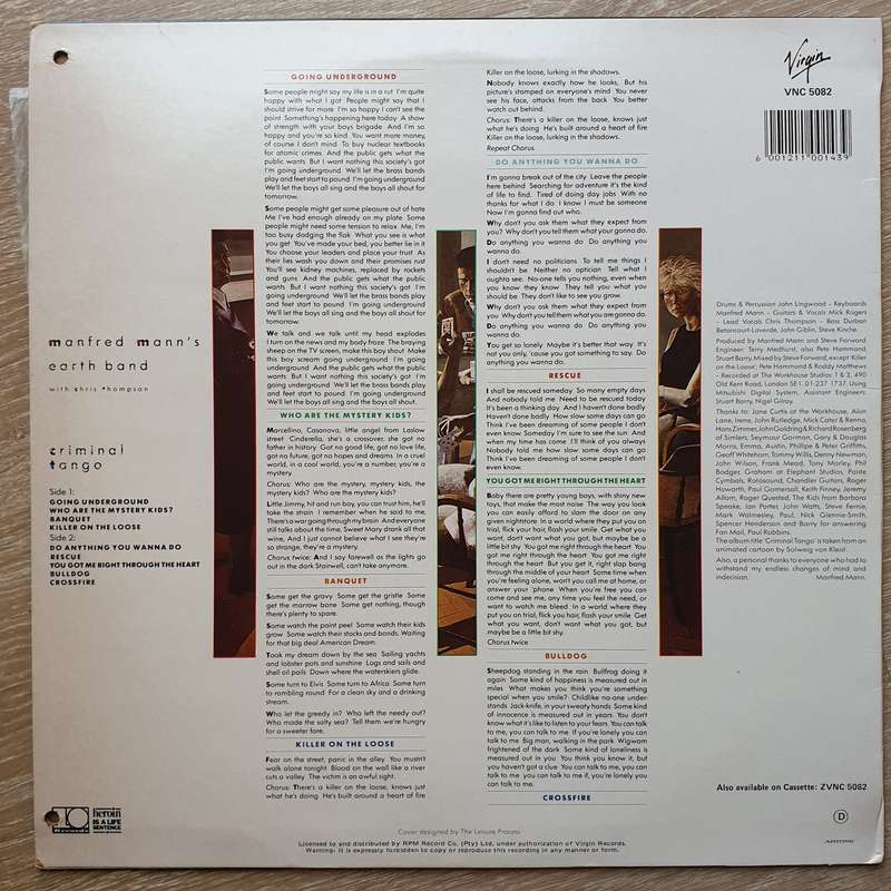 Manfred Mann's Earth Band With Chris Thompson  Criminal Tango - Vinyl LP Record - Opened  -...