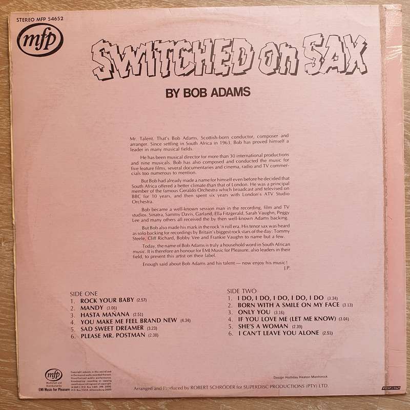 Bob Adams - Switched On Sax -  Vinyl LP Record - Very-Good+ Quality (VG+)